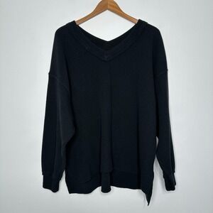 Aerie Wonder Textured V-Neck Long Sleeve Sweatshirt L Black